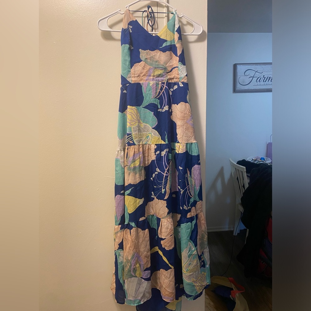 Lulu’s - Hours of Flowers Blue Multi Floral Lace-Up Tiered Midi Dress / XL NWT